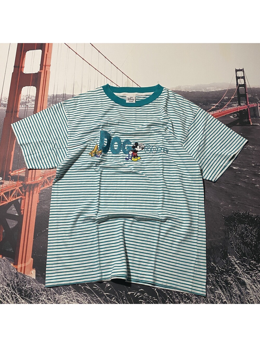 The Disney Store Dog Gone Shirt Mens Large Green Stripe Mickey Pluto Graphic